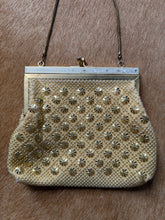 Load image into Gallery viewer, Gold Pinwheel & Faux Pearl 1960’s Beaded Evening Bag
