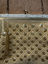 Load image into Gallery viewer, Gold Pinwheel & Faux Pearl 1960’s Beaded Evening Bag