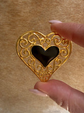 Load image into Gallery viewer, Gold Filigree & Black Enamel Heart Brooch