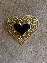 Load image into Gallery viewer, Gold Filigree &amp; Black Enamel Heart Brooch
