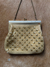 Load image into Gallery viewer, Gold Pinwheel &amp; Faux Pearl 1960’s Beaded Evening Bag
