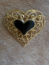 Load image into Gallery viewer, Gold Filigree &amp; Black Enamel Heart Brooch
