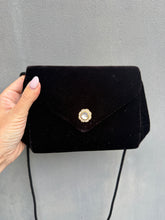 Load image into Gallery viewer, Black Velvet 1980’s Rhinestone Rosette Evening Bag
