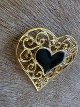 Load image into Gallery viewer, Gold Filigree &amp; Black Enamel Heart Brooch
