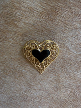 Load image into Gallery viewer, Gold Filigree &amp; Black Enamel Heart Brooch
