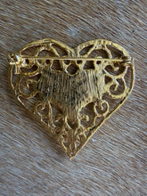 Load image into Gallery viewer, Gold Filigree &amp; Black Enamel Heart Brooch
