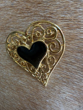 Load image into Gallery viewer, Gold Filigree &amp; Black Enamel Heart Brooch
