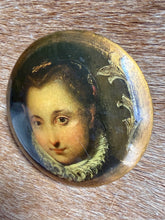 Load image into Gallery viewer, Lize" Signed Hand-Painted Renaissance Portrait Wooden Brooch (2002)
