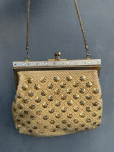 Load image into Gallery viewer, Gold Pinwheel &amp; Faux Pearl 1960’s Beaded Evening Bag
